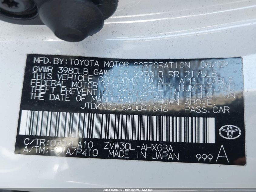 2010 Toyota Prius V VIN: JTDKN3DU6A0041646 Lot: 43410435