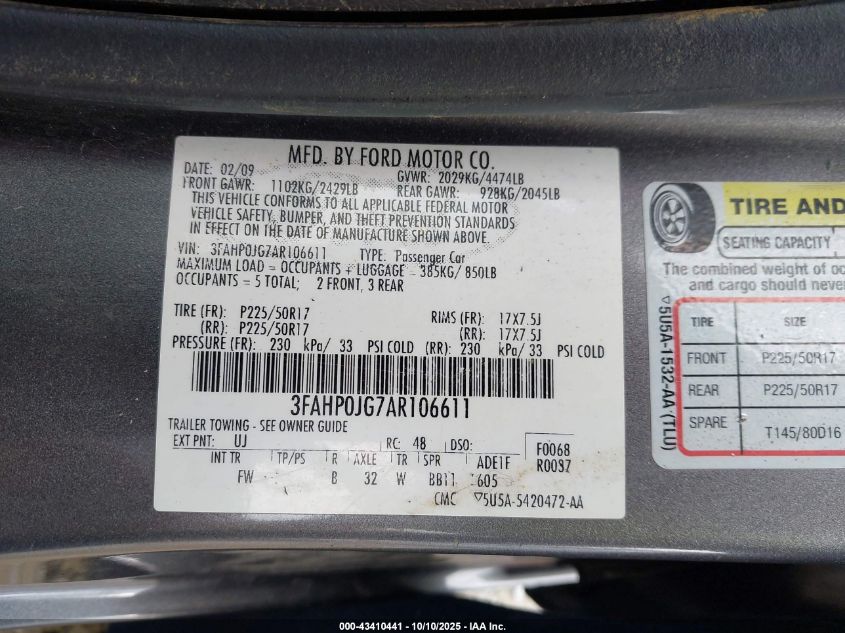 2010 Ford Fusion Sel VIN: 3FAHP0JG7AR106611 Lot: 43410441