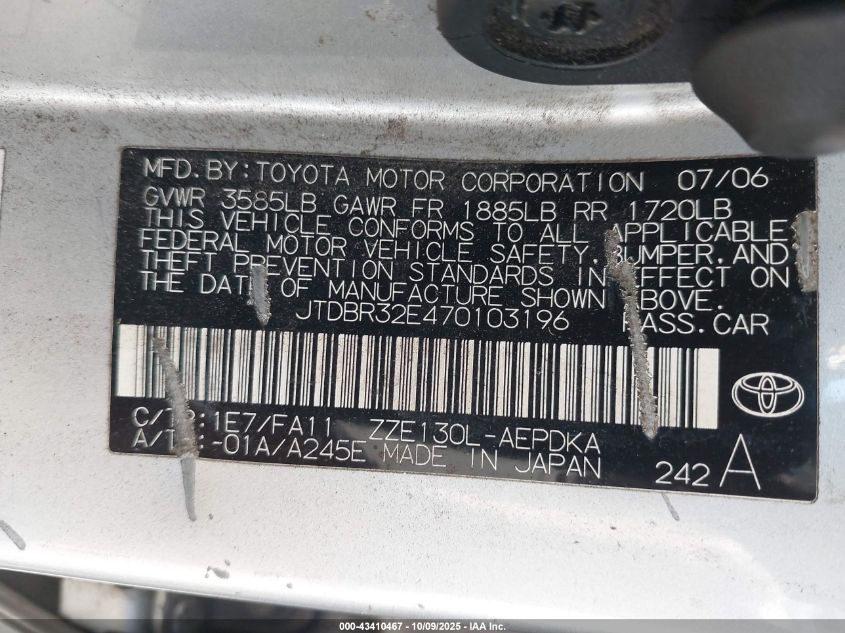 2007 Toyota Corolla Ce VIN: JTDBR32E470103196 Lot: 43410467