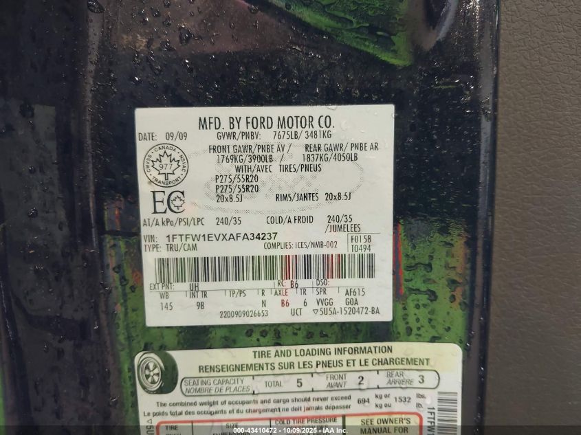 2010 Ford F-150 Fx4/Harley-Davidson/King Ranch/Lariat/Platinum/Xl/Xlt VIN: 1FTFW1EVXAFA34237 Lot: 43410472