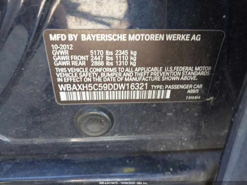 2013 BMW 528I xDrive VIN: WBAXH5C59DDW16321 Lot: 43410475