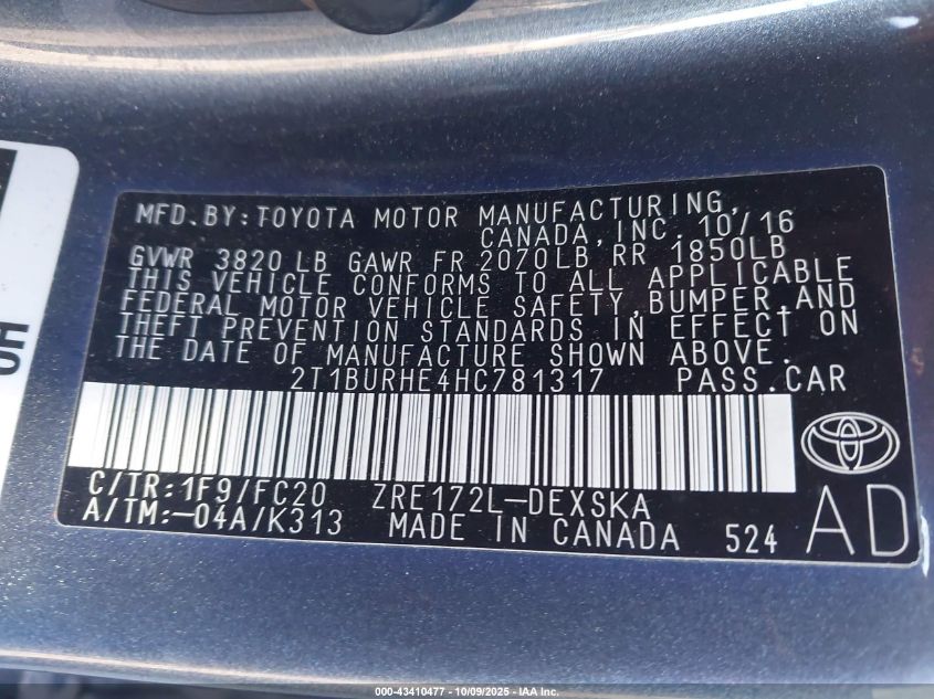 2017 Toyota Corolla Se VIN: 2T1BURHE4HC781317 Lot: 43410477