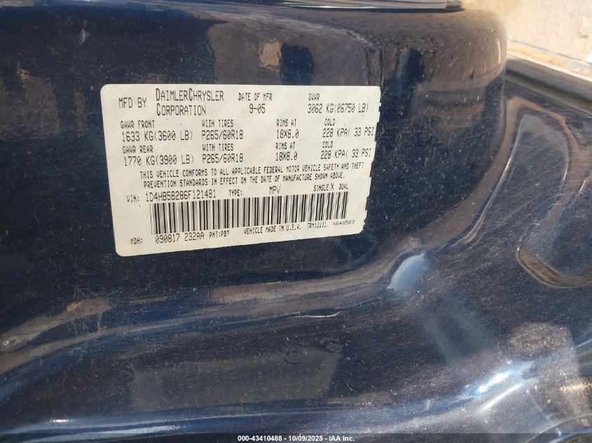 2006 Dodge Durango Limited VIN: 1D4HB58286F121481 Lot: 43410488