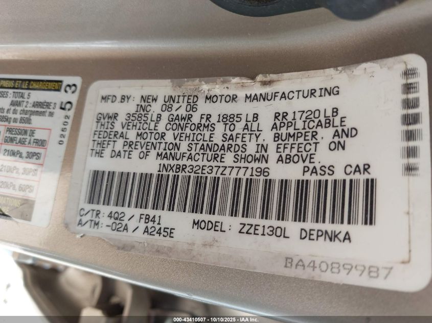 2007 Toyota Corolla Le VIN: 1NXBR32E37Z777196 Lot: 43410507