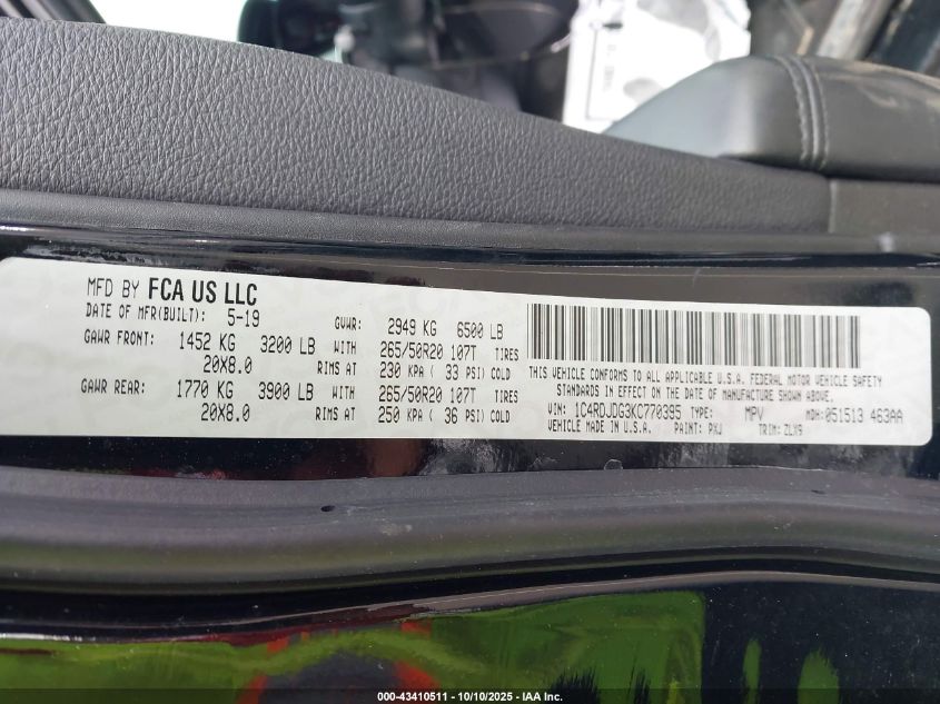 2019 Dodge Durango Gt Plus Awd VIN: 1C4RDJDG3KC770395 Lot: 43410511