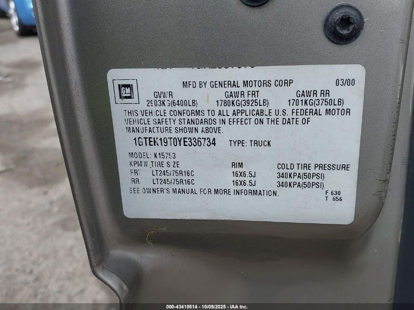 2000 GMC Sierra 1500 Sle VIN: 1GTEK19T0YE336734 Lot: 43410514