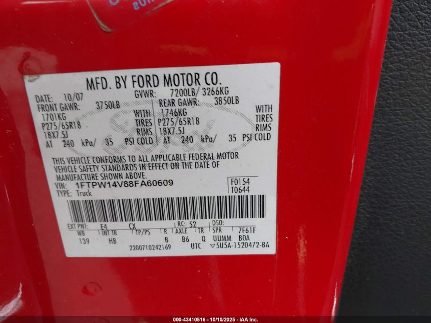 2008 Ford F-150 60Th Anniversary/Fx4/King Ranch/Lariat/Xlt VIN: 1FTPW14V88FA60609 Lot: 43410516