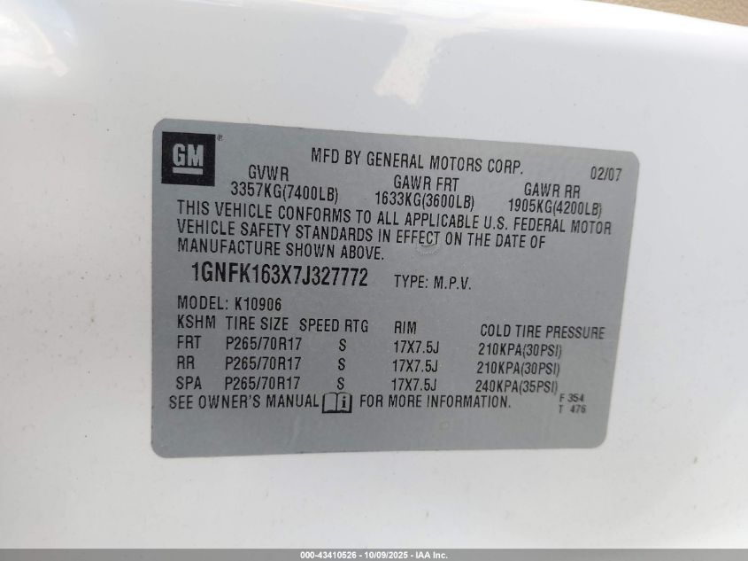 2007 Chevrolet Suburban 1500 Lt VIN: 1GNFK163X7J327772 Lot: 43410526