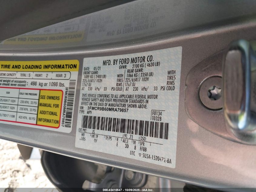 2021 Ford Bronco Sport Big Bend VIN: 3FMCR9B60MRA79857 Lot: 43410547