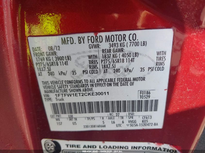 2012 Ford F-150 Xlt VIN: 1FTFW1ET2CKE30011 Lot: 43410549