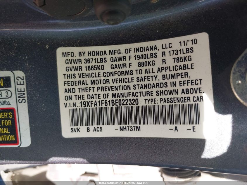 2011 Honda Civic Lx-S VIN: 19XFA1F61BE022320 Lot: 43410552