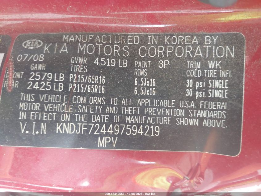 2009 Kia Sportage Lx VIN: KNDJF724497594219 Lot: 43410553
