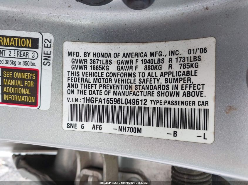 2006 Honda Civic Lx VIN: 1HGFA16596L049612 Lot: 43410555