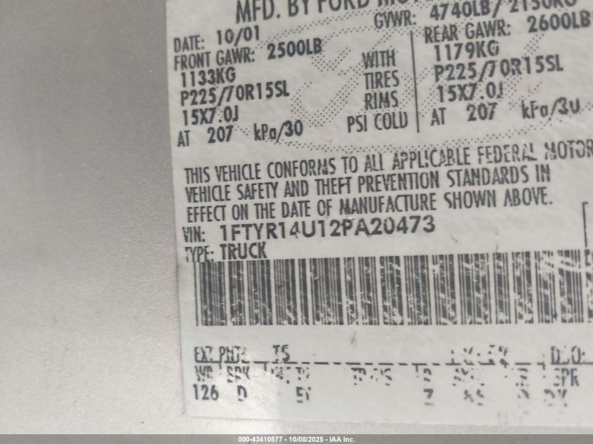 2002 Ford Ranger VIN: 1FTYR14U12PA20473 Lot: 43410577