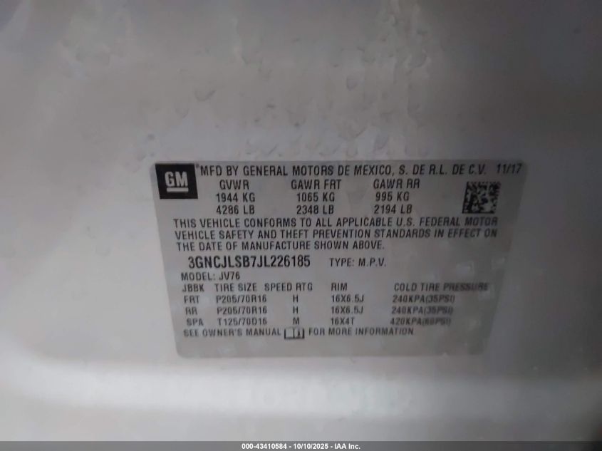2018 Chevrolet Trax Lt VIN: 3GNCJLSB7JL226185 Lot: 43410584
