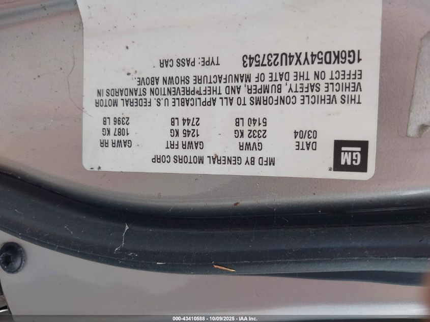 2004 Cadillac Deville Standard VIN: 1G6KD54YX4U237543 Lot: 43410588