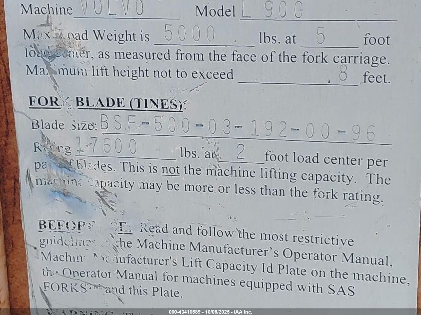 2015 Volvo L90G Sasforks VIN: 4493136 Lot: 43410589