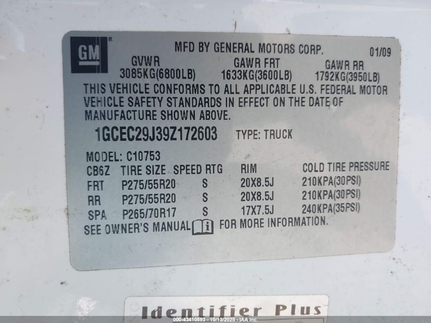 2009 Chevrolet Silverado 1500 Lt VIN: 1GCEC29J39Z172603 Lot: 43410593