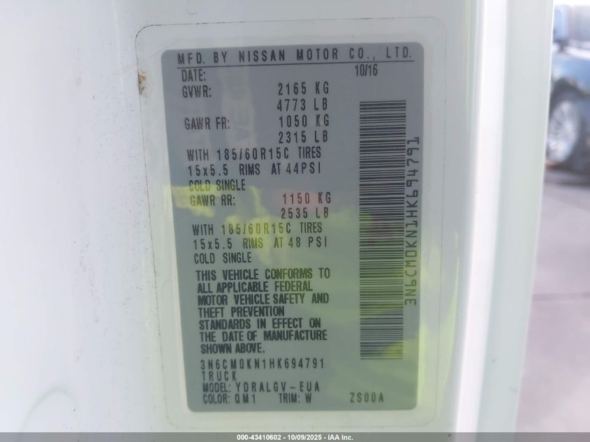 2017 Nissan Nv200 Sv VIN: 3N6CM0KN1HK694791 Lot: 43410602