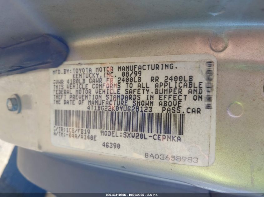 2000 Toyota Camry Le VIN: 4T1BG22K0YU628123 Lot: 43410606