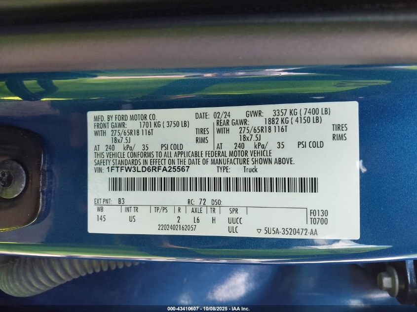2024 Ford F-150 Xlt VIN: 1FTFW3LD6RFA25567 Lot: 43410607