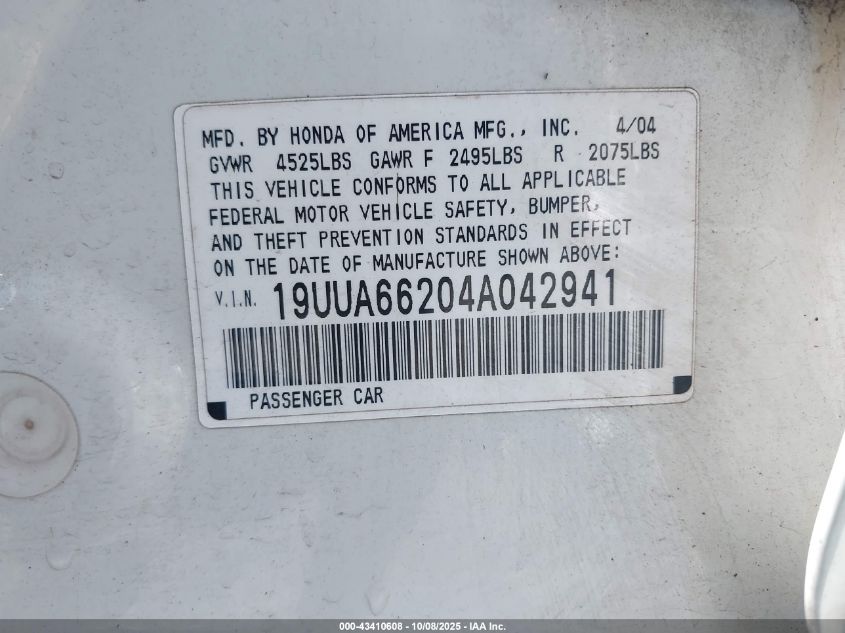2004 Acura Tl VIN: 19UUA66204A042941 Lot: 43410608