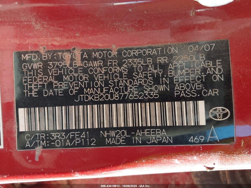 2007 Toyota Prius VIN: JTDKB20U877652335 Lot: 43410613