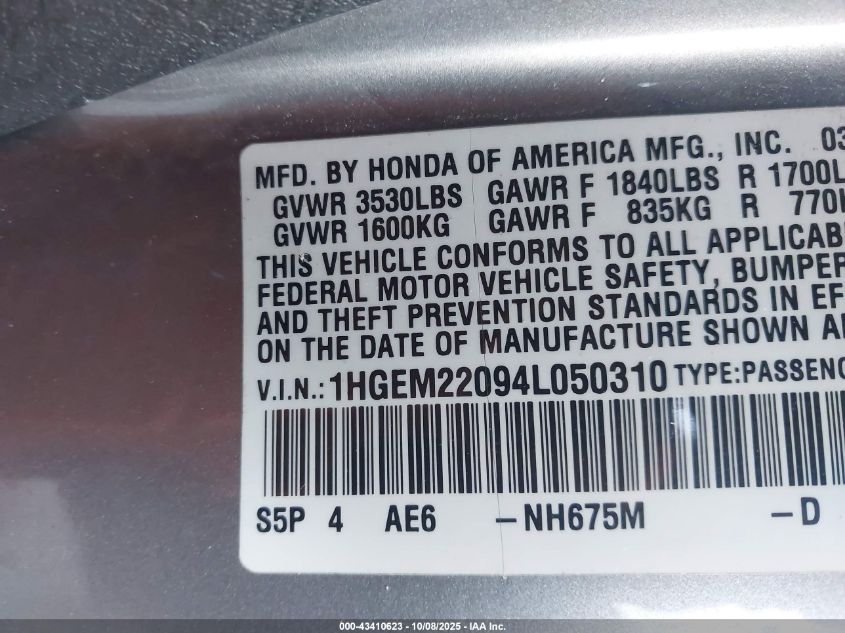 2004 Honda Civic Ex VIN: 1HGEM22094L050310 Lot: 43410623