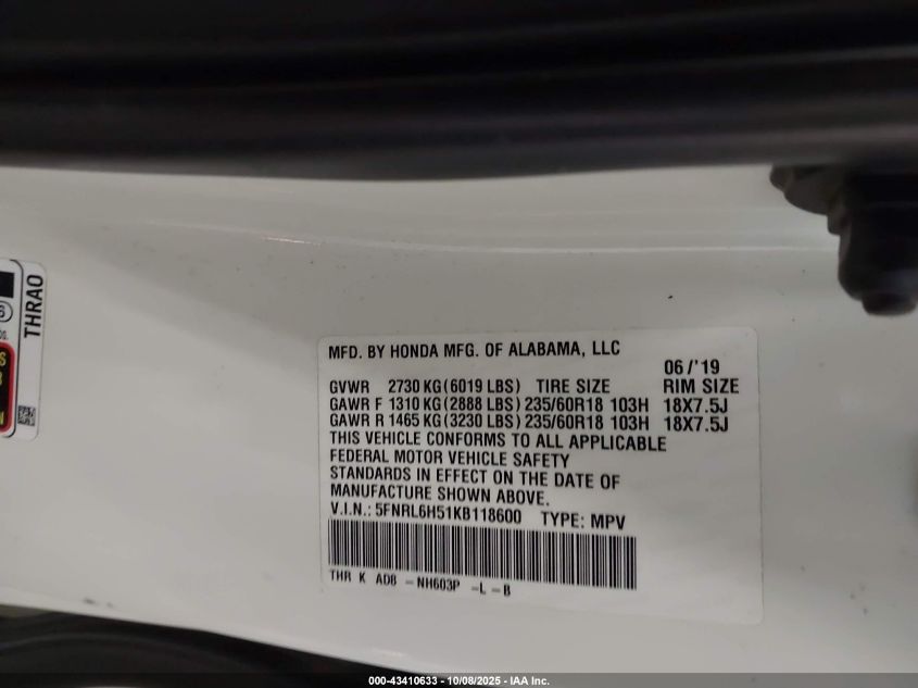 2019 Honda Odyssey Ex VIN: 5FNRL6H51KB118600 Lot: 43410633