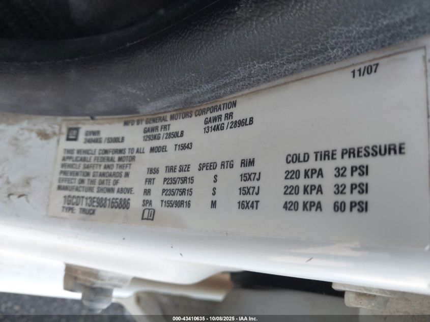 2008 Chevrolet Colorado Lt VIN: 1GCDT13E988165886 Lot: 43410635