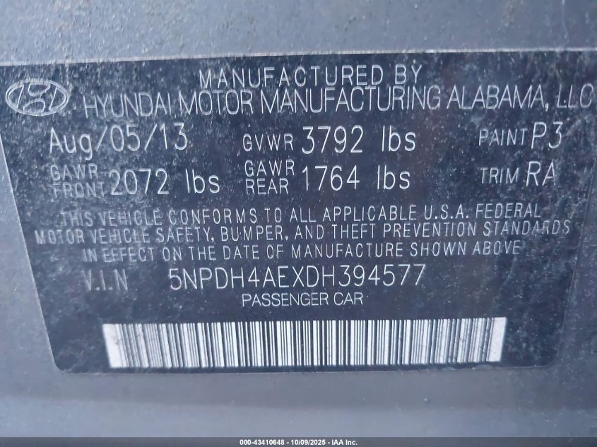 2013 Hyundai Elantra Gls VIN: 5NPDH4AEXDH394577 Lot: 43410648