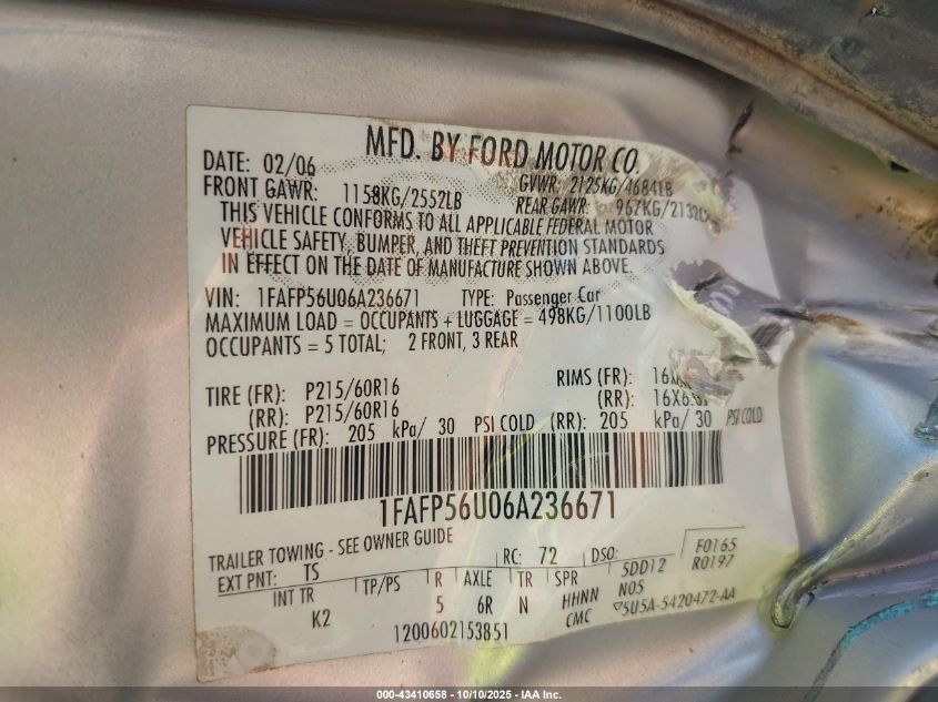 2006 Ford Taurus Sel VIN: 1FAFP56U06A236671 Lot: 43410658