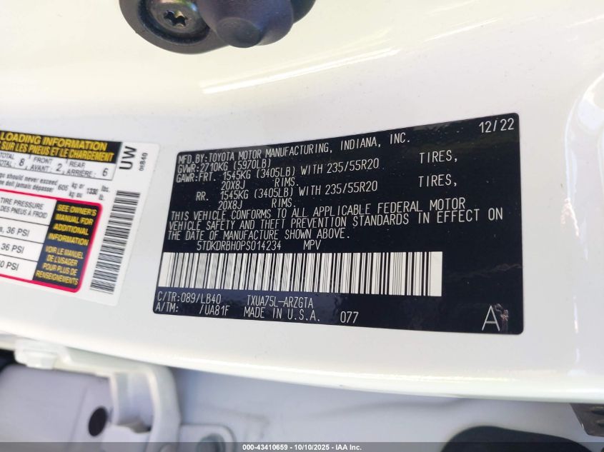 2023 Toyota Highlander Limited VIN: 5TDKDRBH0PS014234 Lot: 43410659