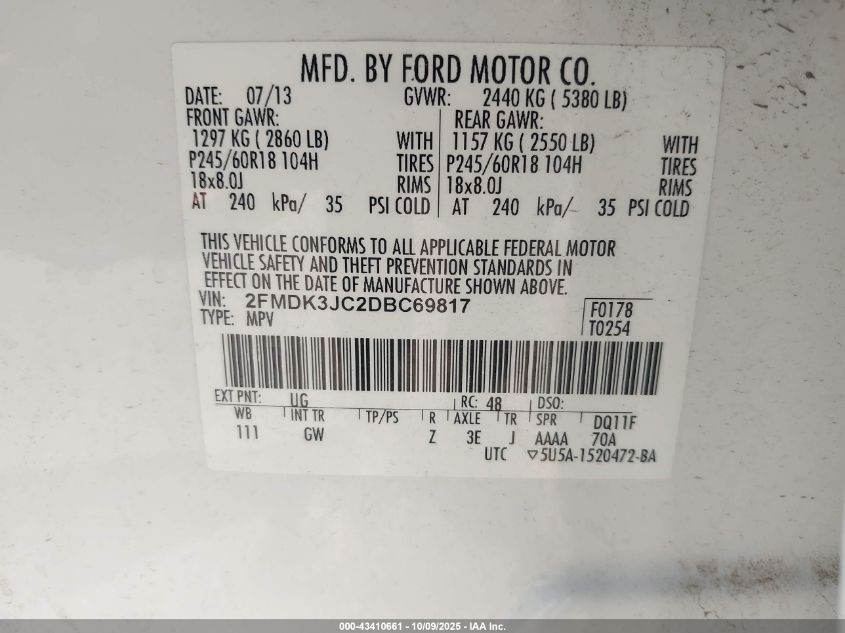 2013 Ford Edge Sel VIN: 2FMDK3JC2DBC69817 Lot: 43410661