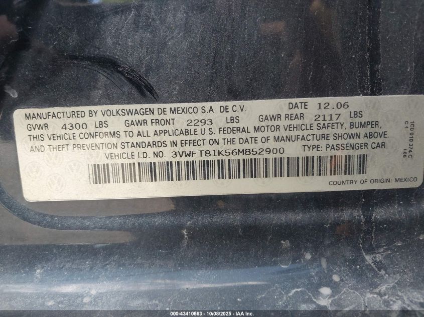 2006 Volkswagen Jetta Diesel VIN: 3VWFT81K56M852900 Lot: 43410663