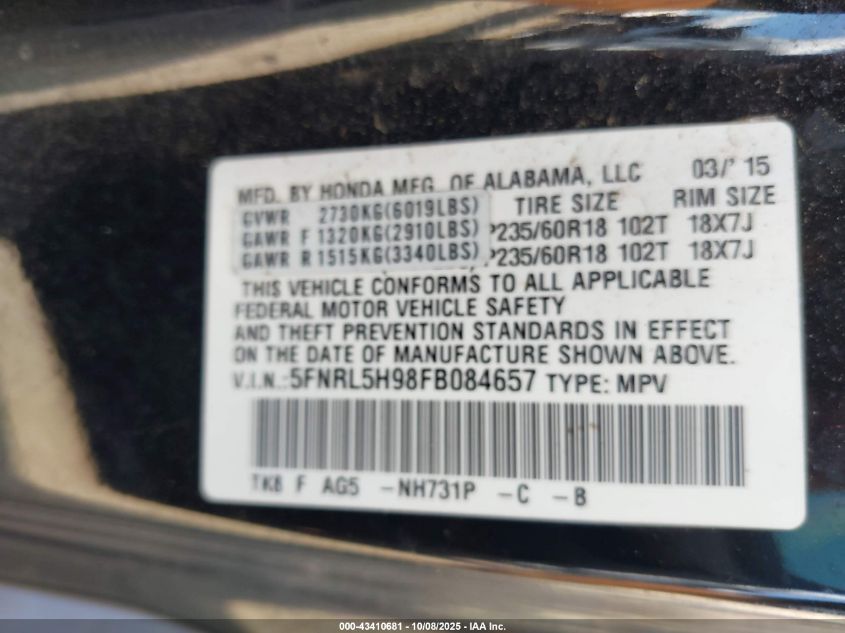 2015 Honda Odyssey Touring/Touring Elite VIN: 5FNRL5H98FB084657 Lot: 43410681