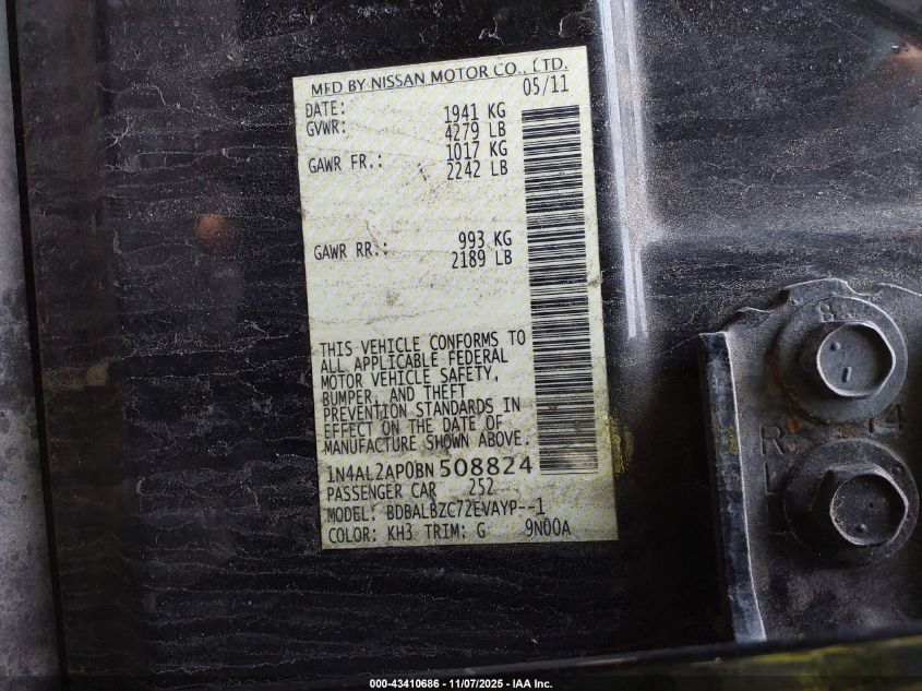 2011 Nissan Altima 2.5 S VIN: 1N4AL2AP0BN508824 Lot: 43410686