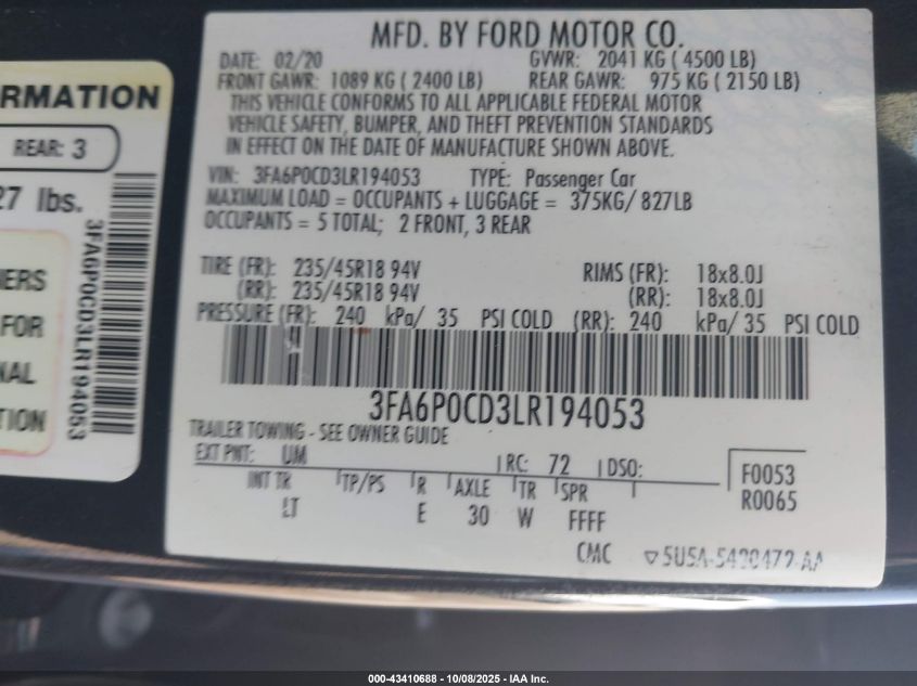 2020 Ford Fusion Sel VIN: 3FA6P0CD3LR194053 Lot: 43410688