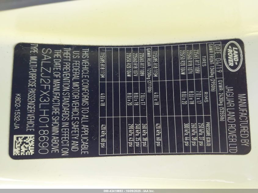 2020 Land Rover Range Rover Evoque S VIN: SALZJ2FX3LH018690 Lot: 43410693