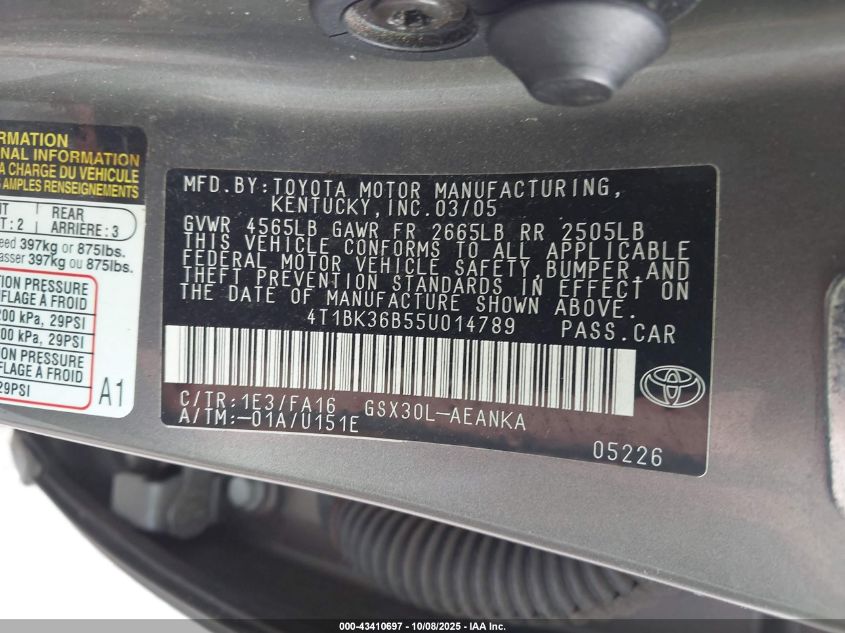 2005 Toyota Avalon Xl VIN: 4T1BK36B55U014789 Lot: 43410697