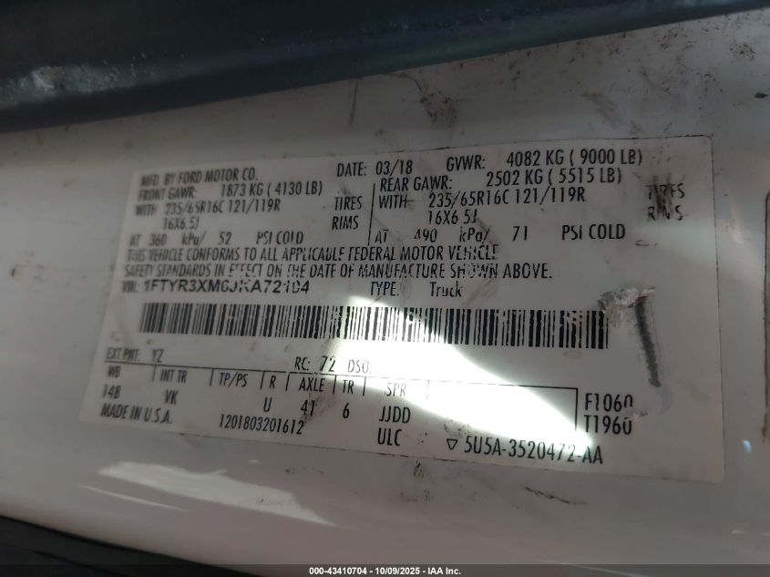 2018 Ford Transit-250 VIN: 1FTYR3XM6JKA72104 Lot: 43410704