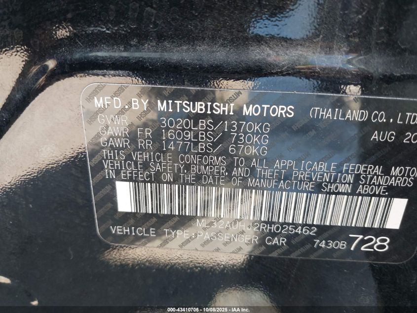 2024 Mitsubishi Mirage Es/Le VIN: ML32AUHJ2RH025462 Lot: 43410706