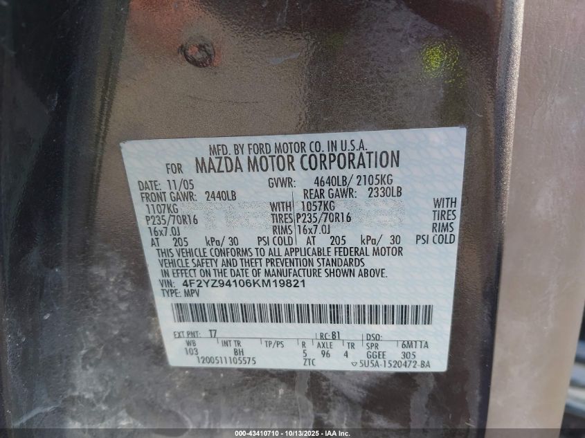 2006 Mazda Tribute S VIN: 4F2YZ94106KM19821 Lot: 43410710