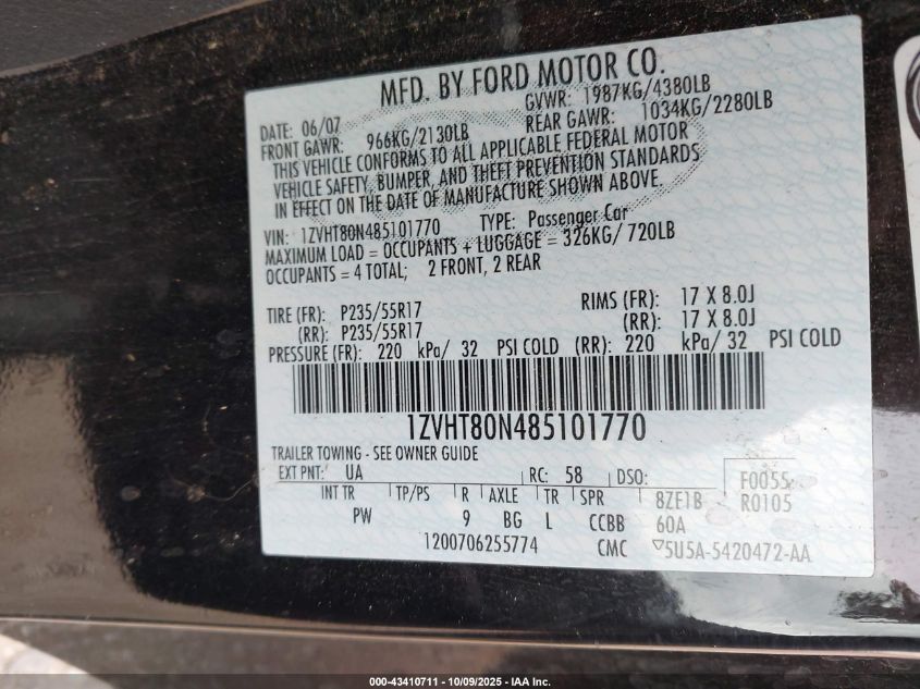 2008 Ford Mustang V6 Deluxe/V6 Premium VIN: 1ZVHT80N485101770 Lot: 43410711