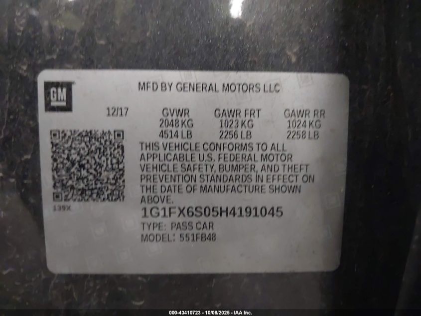 2017 Chevrolet Bolt Ev Premier VIN: 1G1FX6S05H4191045 Lot: 43410723