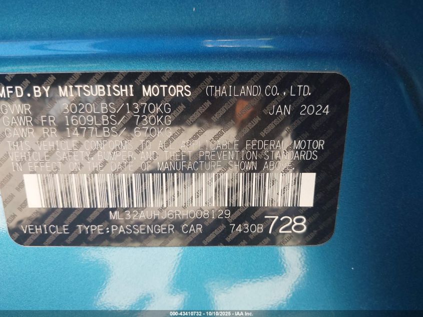 2024 Mitsubishi Mirage Es/Le VIN: ML32AUHJ6RH008129 Lot: 43410732