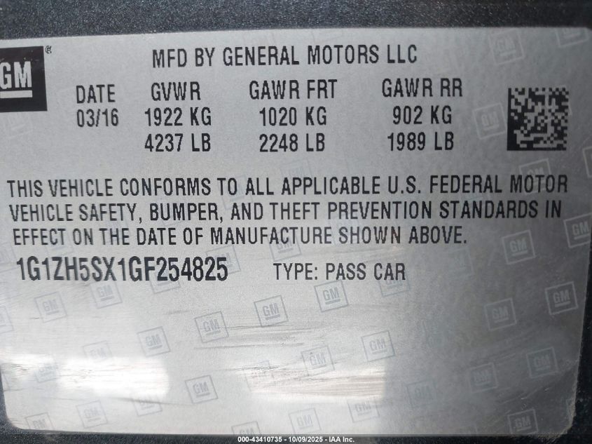 2016 Chevrolet Malibu Premier VIN: 1G1ZH5SX1GF254825 Lot: 43410735