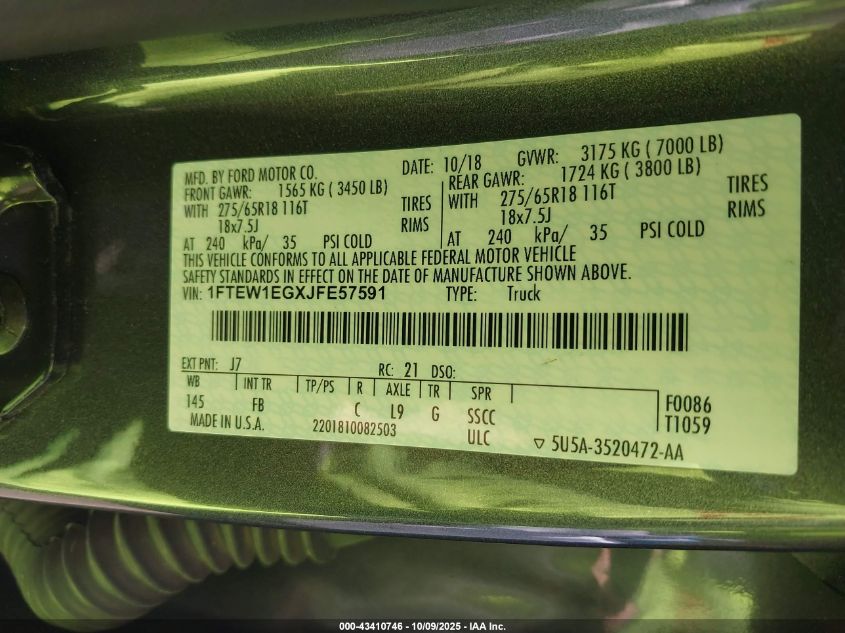 2018 Ford F-150 Xlt VIN: 1FTEW1EGXJFE57591 Lot: 43410746