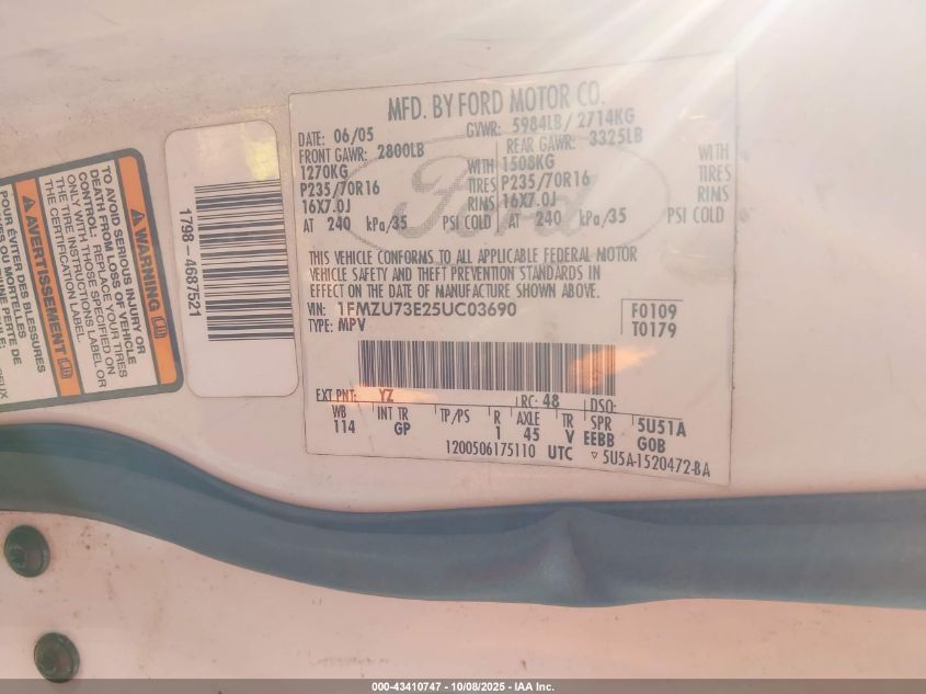 2005 Ford Explorer Xlt/Xlt Sport VIN: 1FMZU73E25UC03690 Lot: 43410747