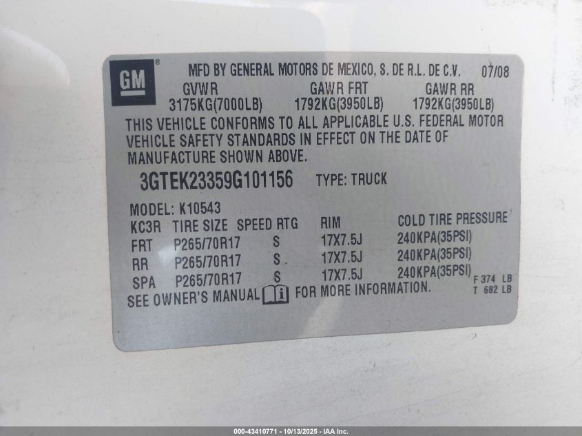 2009 GMC Sierra 1500 Sle VIN: 3GTEK23359G101156 Lot: 43410771